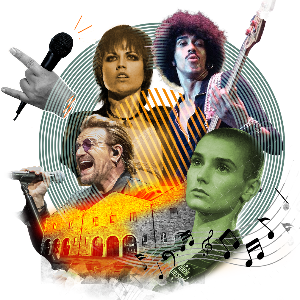 Collage of iconic musicians including Prince, Sinead O’Connor, and Bono, surrounded by musical notes, a microphone, a hand making the rock gesture, and the Colosseum in the background with Irish flag colours.